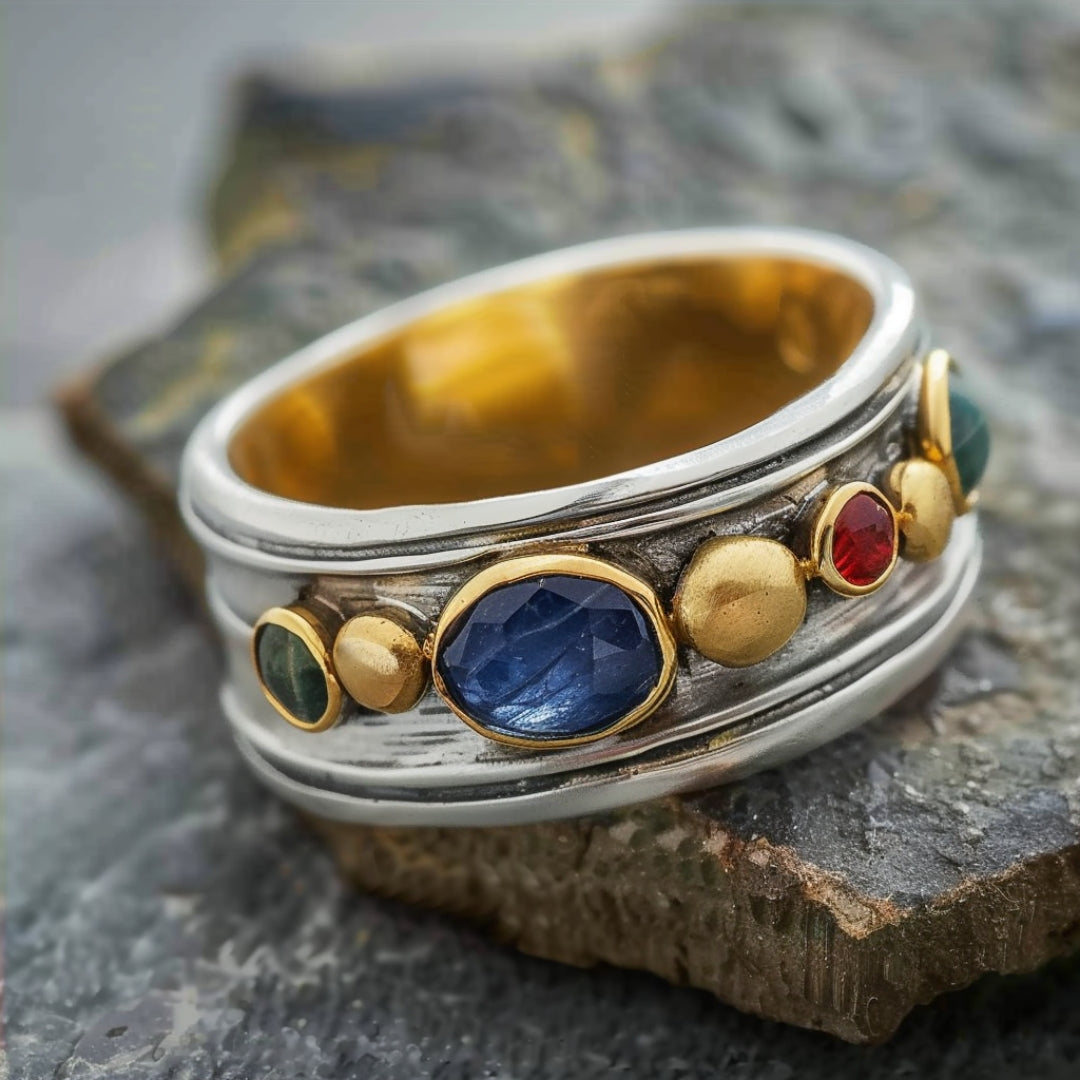 Silver-Tone Multicolour Stones Ring
