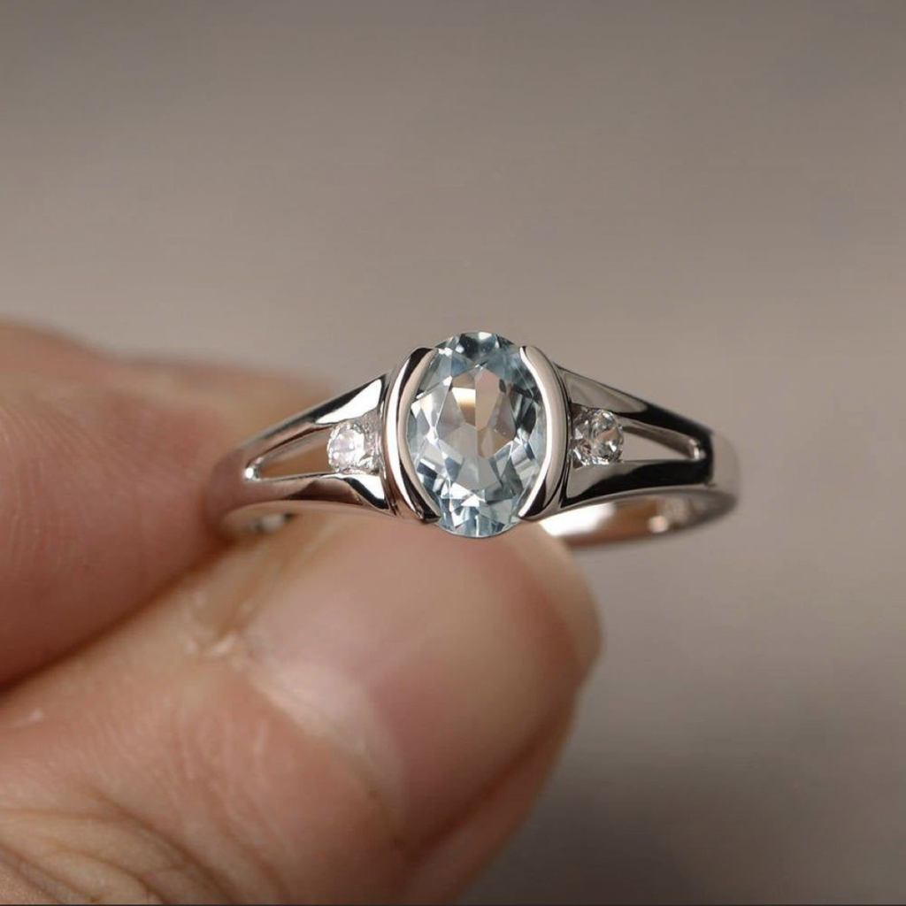 Silver-Plated Oval Light Blue Stone Ring