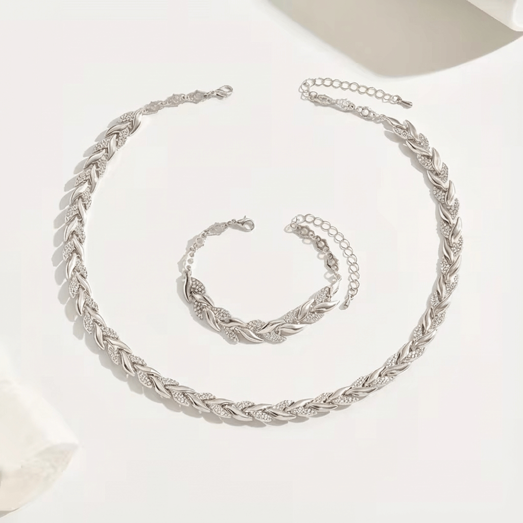 Silver-Tone Leaf Chain Necklace and Bracelet Set