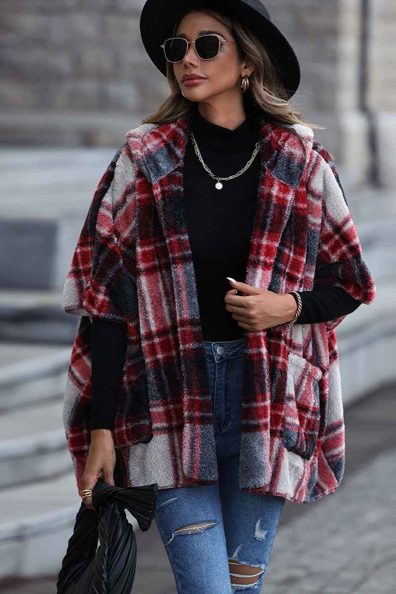Checked Hooded Jacket with Knit Lined Body and Pockets