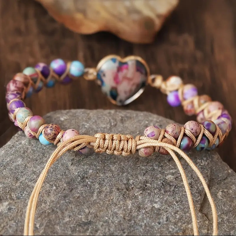 Colourful Bead Bracelet with Heart Stone Framed in Gold Tone
