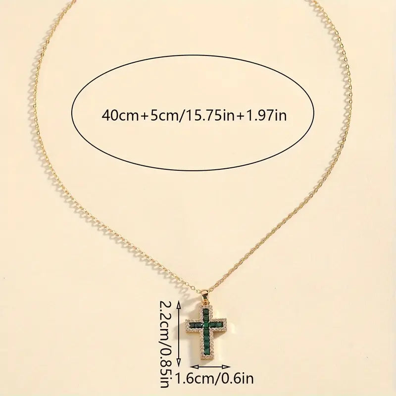 Emerald-Look Baguette Cross Necklace in Gold Tone