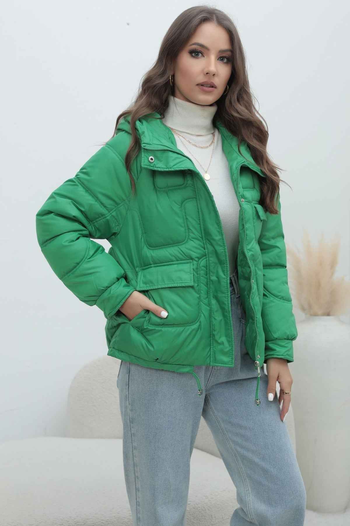 Quilted Hooded Jacket with High Collar and Drawstring Hem