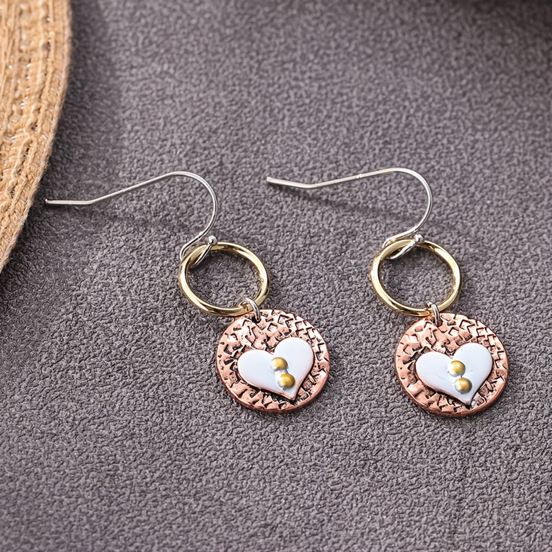 Rustic Textured Mixed-Metal Circle and Heart Dangle Earrings