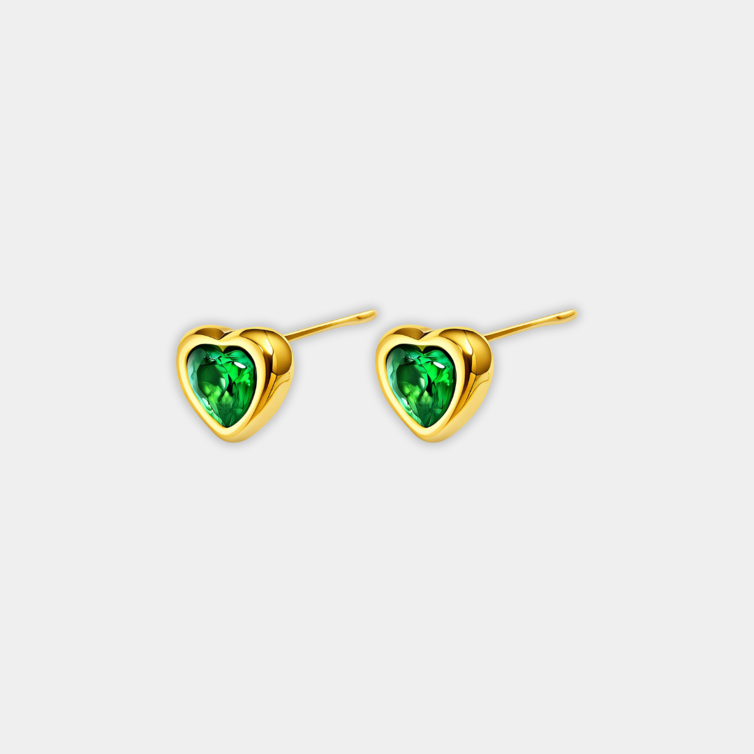 Green Heart Stone Stud Earrings in Gold Tone