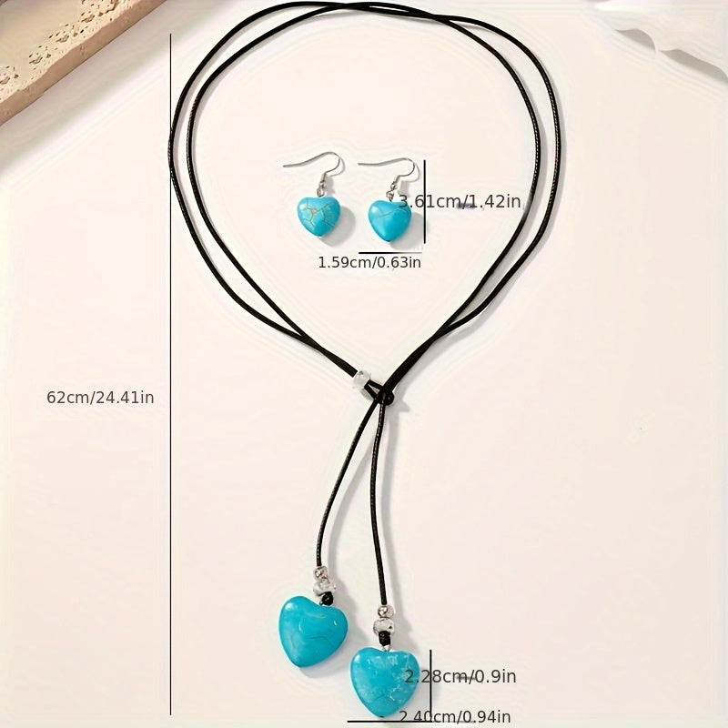 Vintage Bohemian Turquoise Heart Necklace and Earring Set