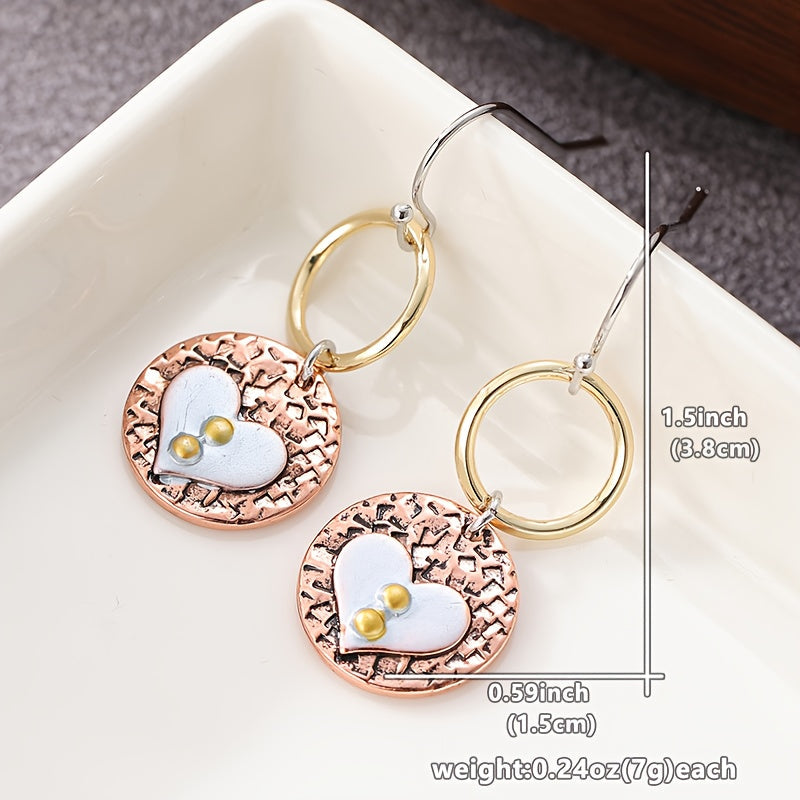 Rustic Textured Mixed-Metal Circle and Heart Dangle Earrings