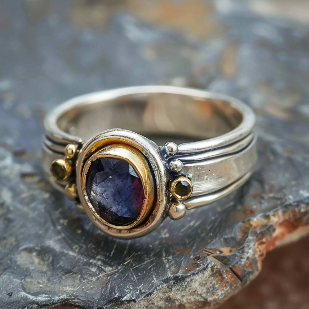 Silver-Tone Inlaid Blue Stone Ring