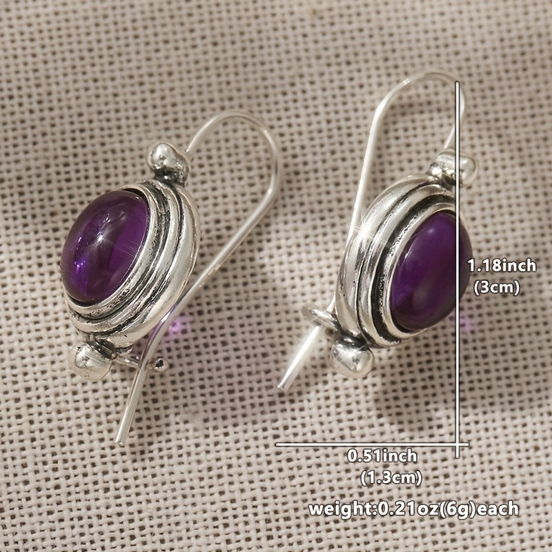 Vintage Boho Purple Gemstone-Look Silver-Plated Drop Earrings