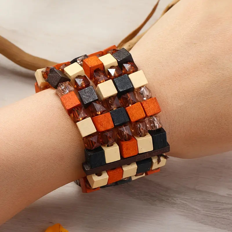 Tribal Wooden Bead Bracelet in Warm Tones