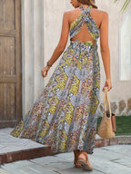 Printed Halter Neck Tie-Waist Open Back Maxi Dress