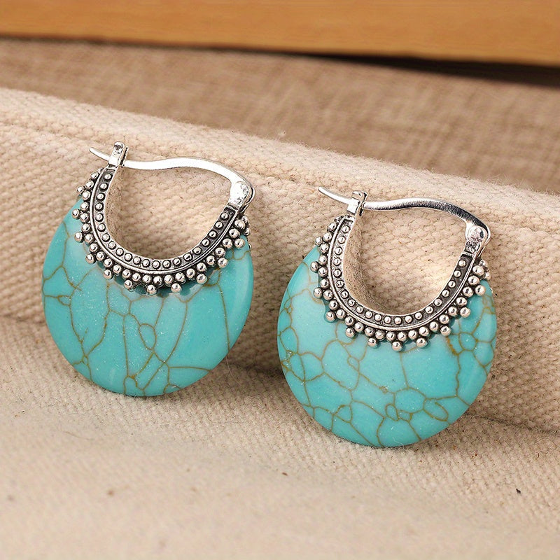 Turquoise Crescent Silver-Plated Hoop Earrings