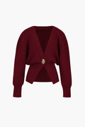 V-Neck Knit Cardigan with Gold-Tone Button Placket