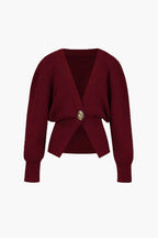 V-Neck Knit Cardigan with Gold-Tone Button Placket