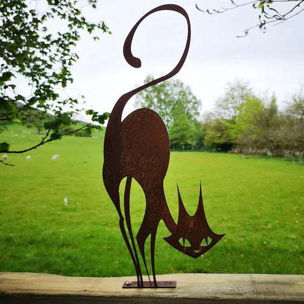 Iron Cat Garden Fence Ornament – Farmhouse Rustic Style, Outdoor Decor