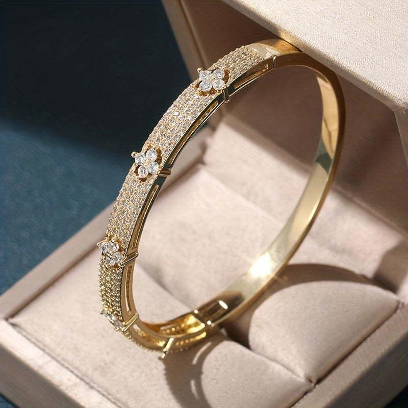 Floral Design Zirconia Inlaid Bracelet in Two Tones