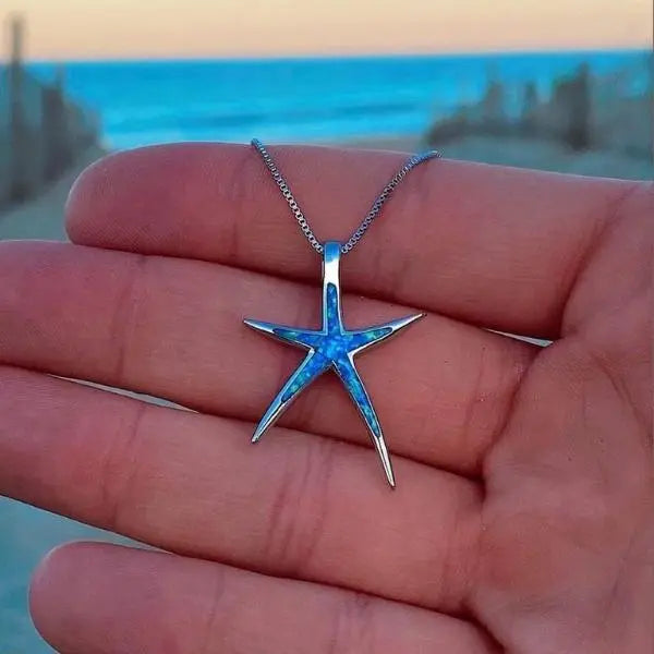 Blue Opal-Look and Silver-Tone Starfish Necklace