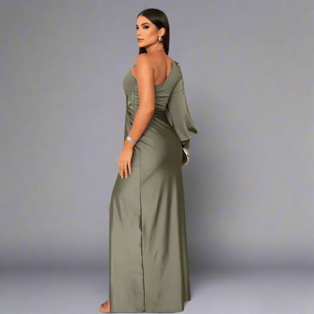 One-Shoulder Front-Slit Gathered-Waist Maxi Dress