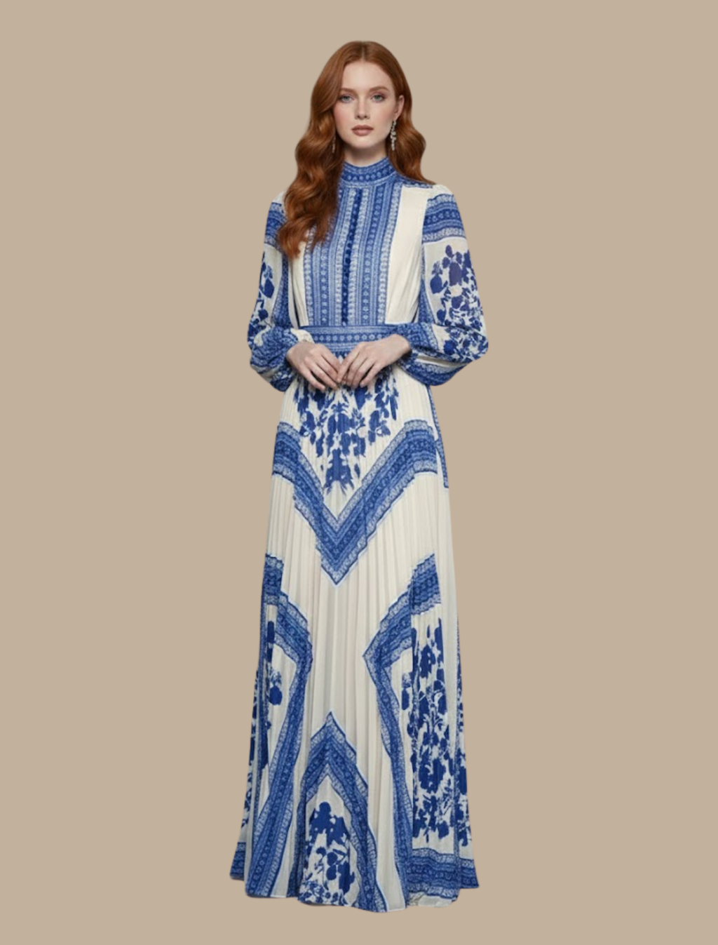 Printed Mock Neck Long Sleeve Maxi Dress