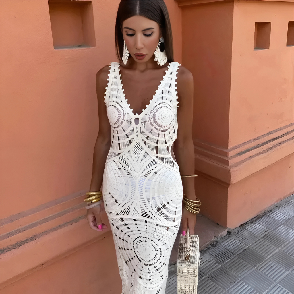 Lace Deep V-Neck Maxi Dress With Side Cut-Outs