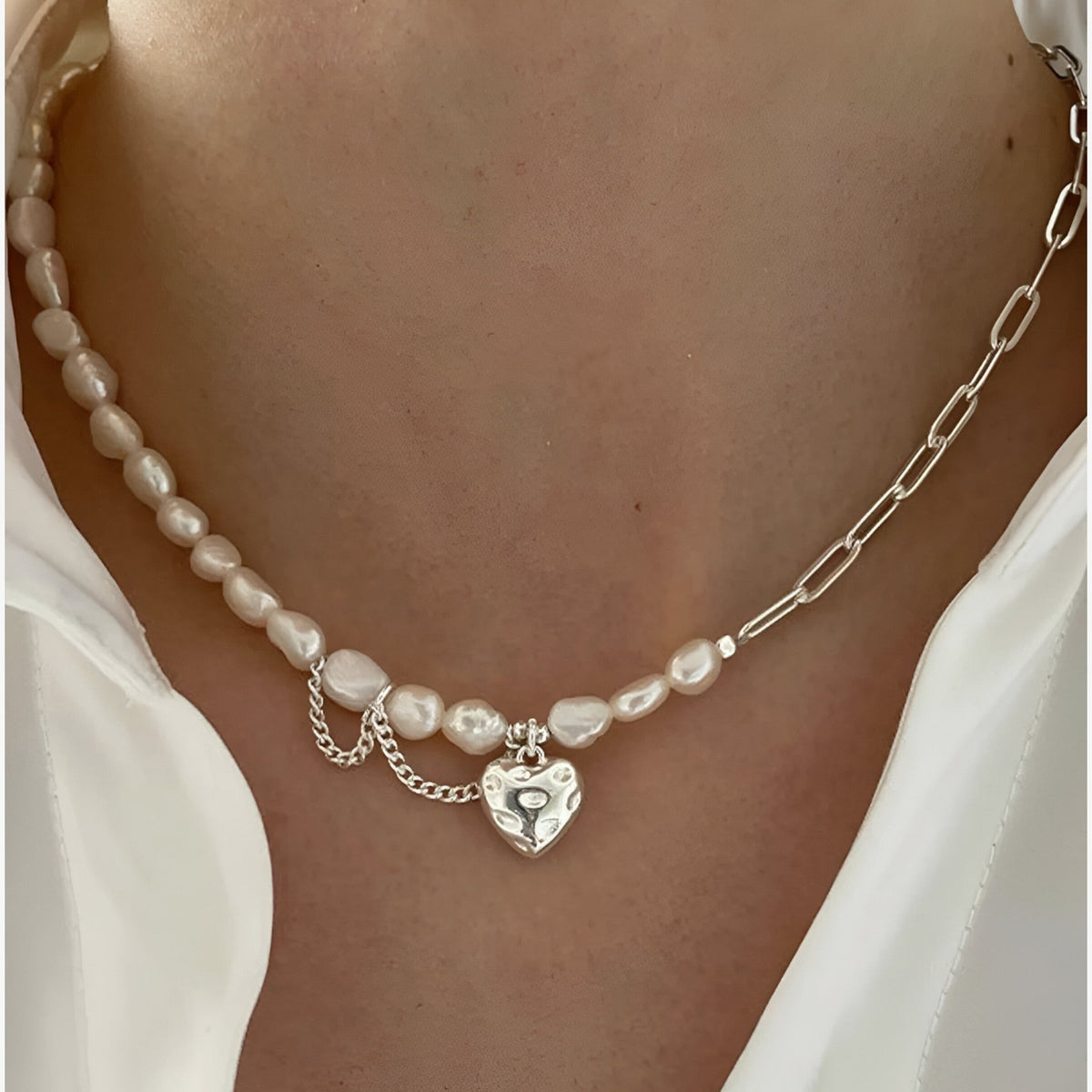 Asymmetric Pearl Necklace with Heart Detail