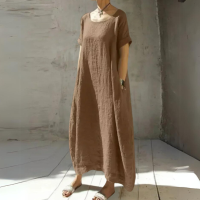 Round Neck Short Sleeve Textured Linen Maxi Dress