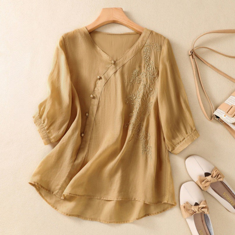 Embroidered Mid-Sleeve Blouse with Asymmetric Button Front