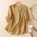 Embroidered Mid-Sleeve Blouse with Asymmetric Button Front
