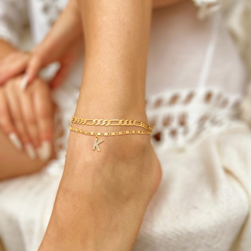 Two-Piece Initial Anklet Set with Diamond-Look Letter Charm