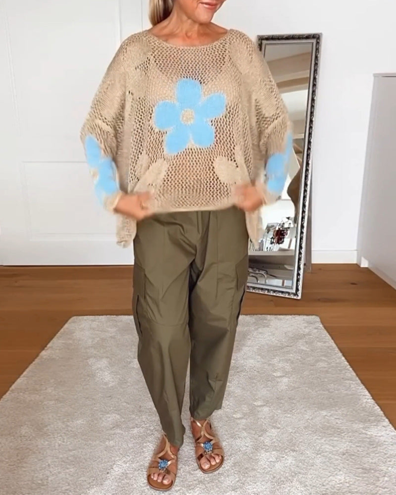 Bloom Women's Crochet Top Floral Open Weave Long Sleeve