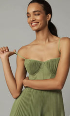 Pleated Corset-Bodice Slim-Strap Maxi Dress