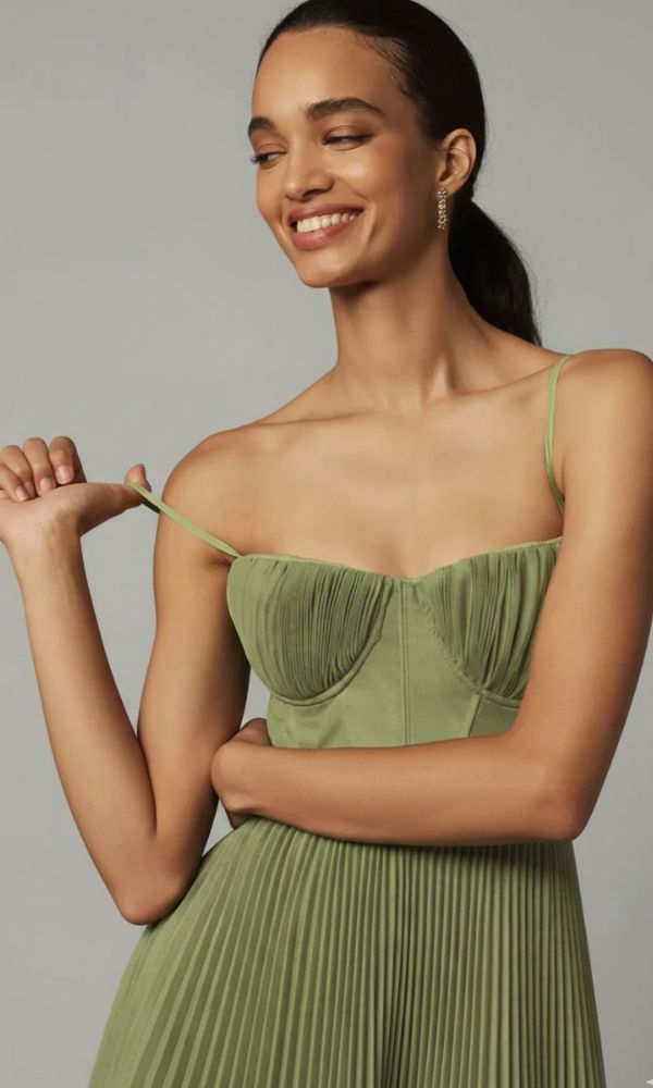 Pleated Corset-Bodice Slim-Strap Maxi Dress
