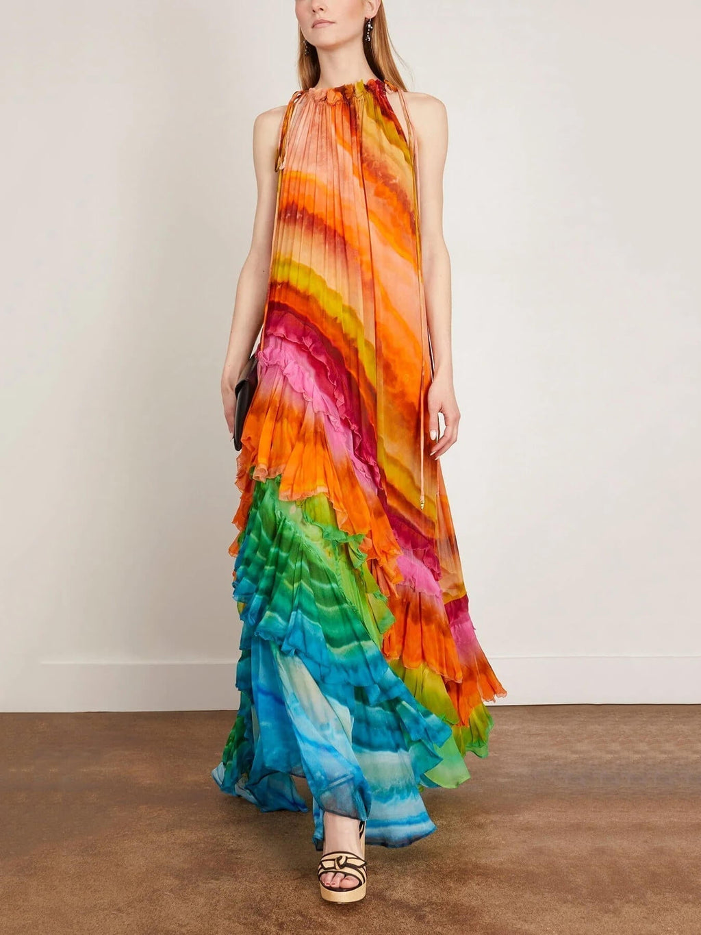 Halter Neck Ruffled Layered Skirt Maxi Dress