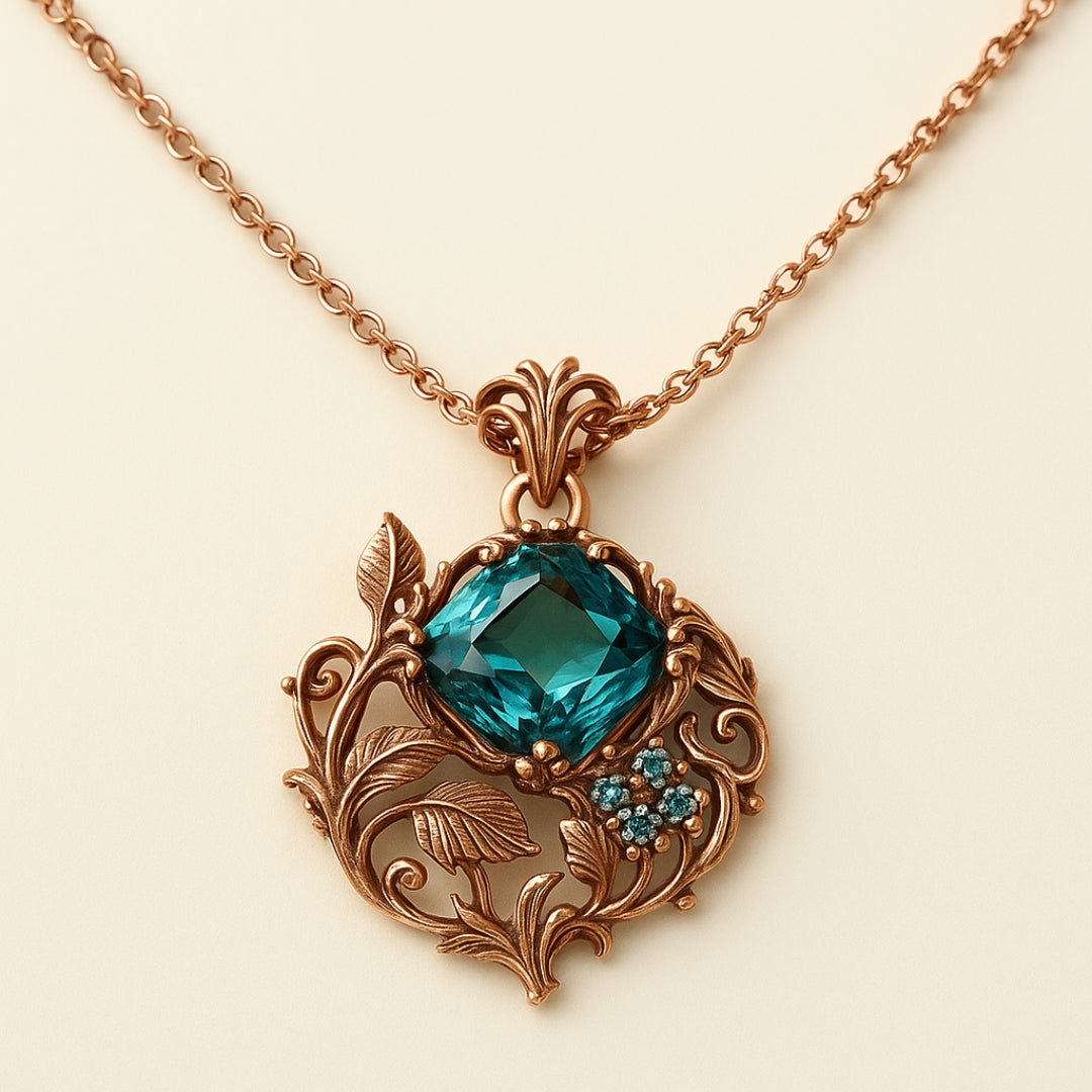 Green Stone Floral Copper-Tone Pendant Necklace
