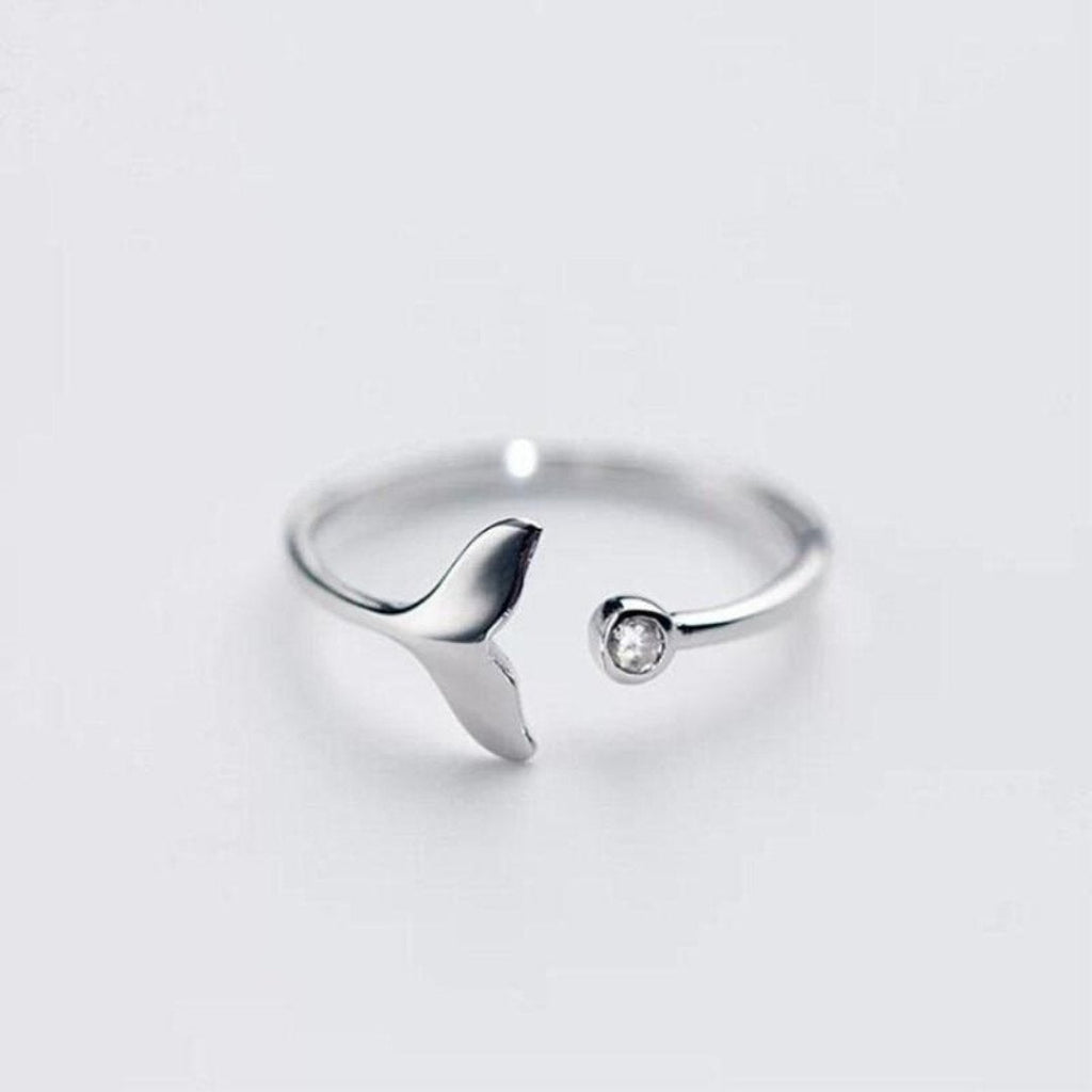 Adjustable 925 Sterling Silver Dolphin Tail Ring with Zirconia