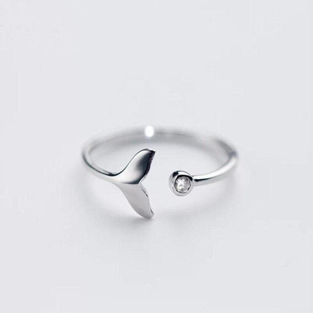 Adjustable 925 Sterling Silver Dolphin Tail Ring with Zirconia