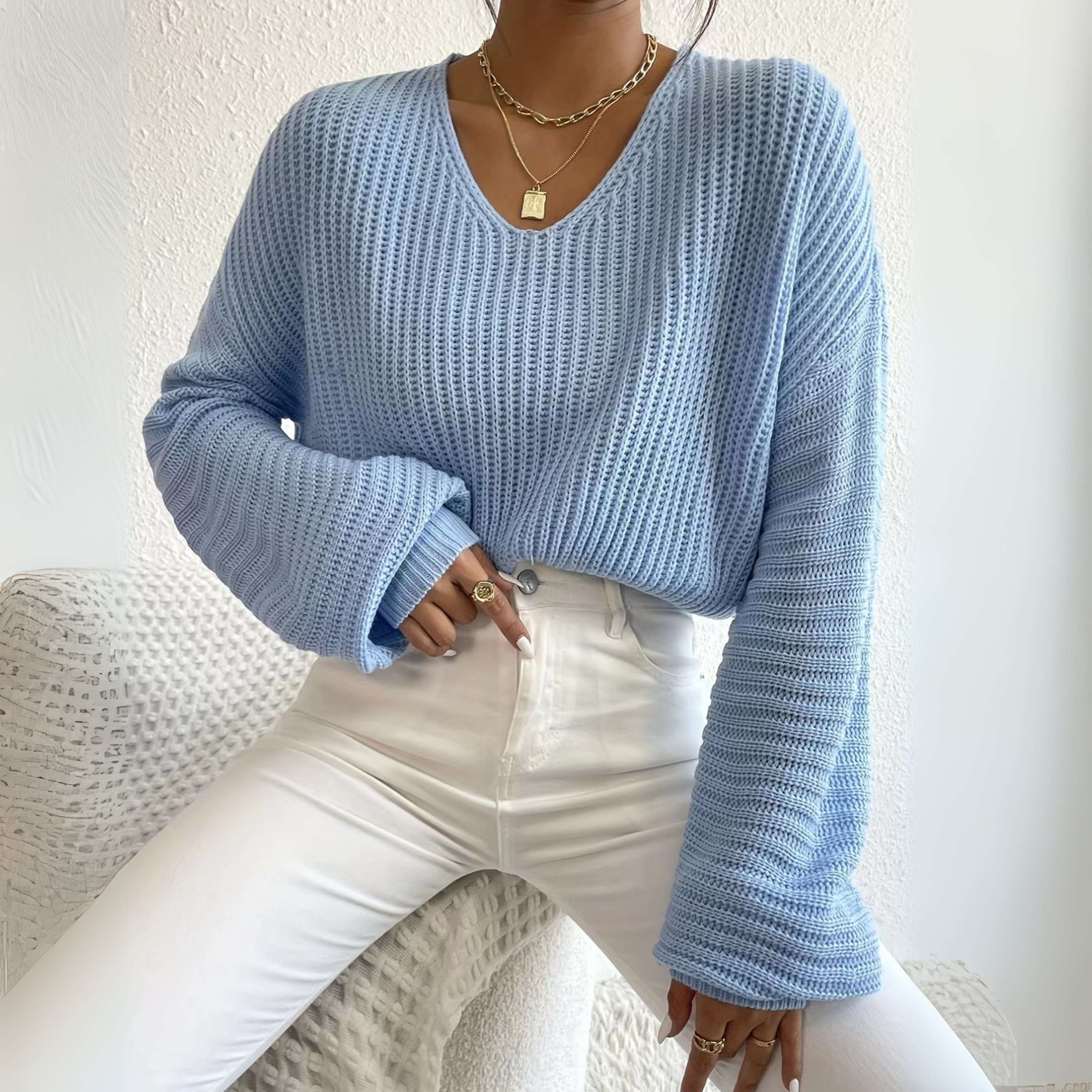 Slim Fit V Neck Knit Jumper with Long Sleeves for Layering