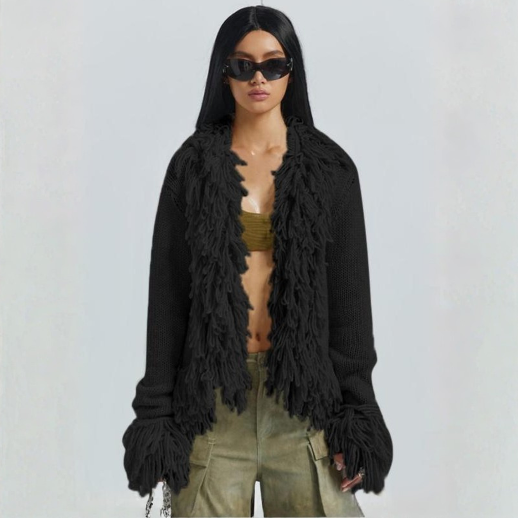 Open Front Cardigan with Fringe Trim and Long Sleeves