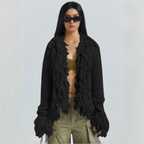 Open Front Cardigan with Fringe Trim and Long Sleeves