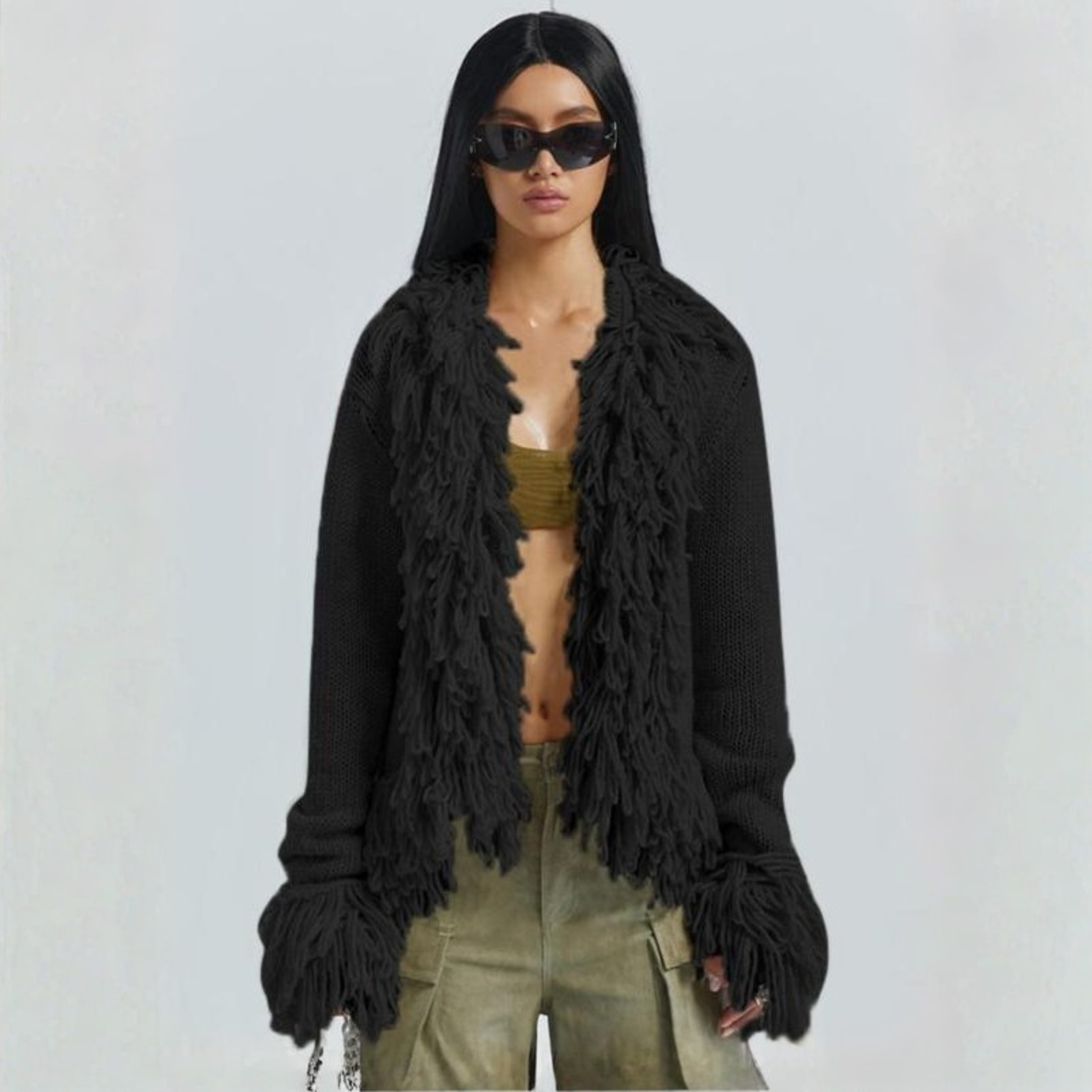 Open Front Cardigan with Fringe Trim and Long Sleeves