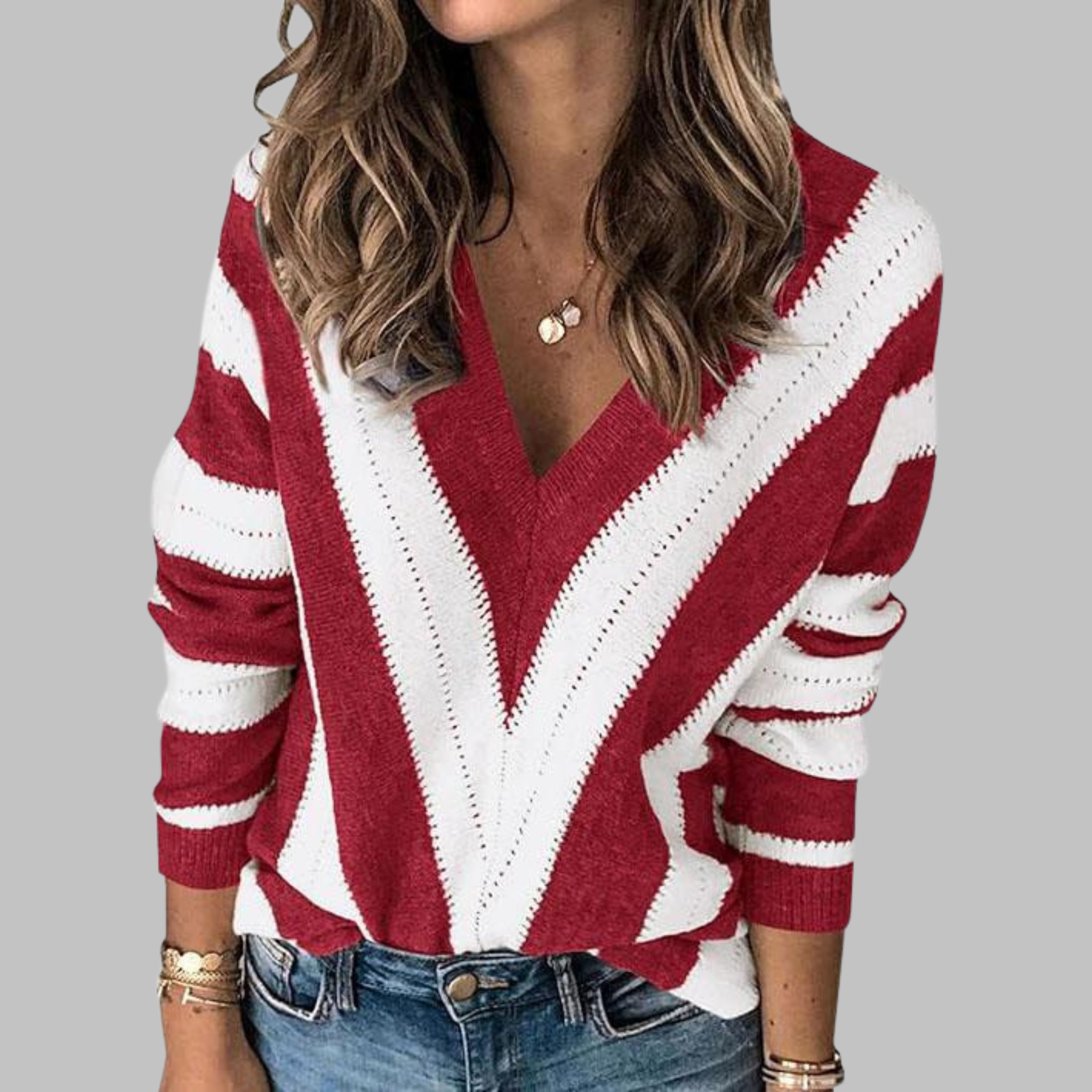 Striped V Neck Jumper with Long Sleeves in Soft Knit