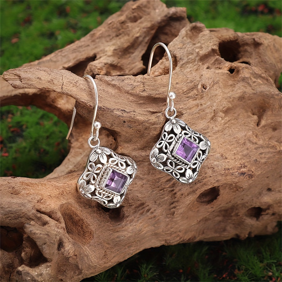 Brincos Pendentes Vintage em Filigrana Floral com Zircónias Roxas