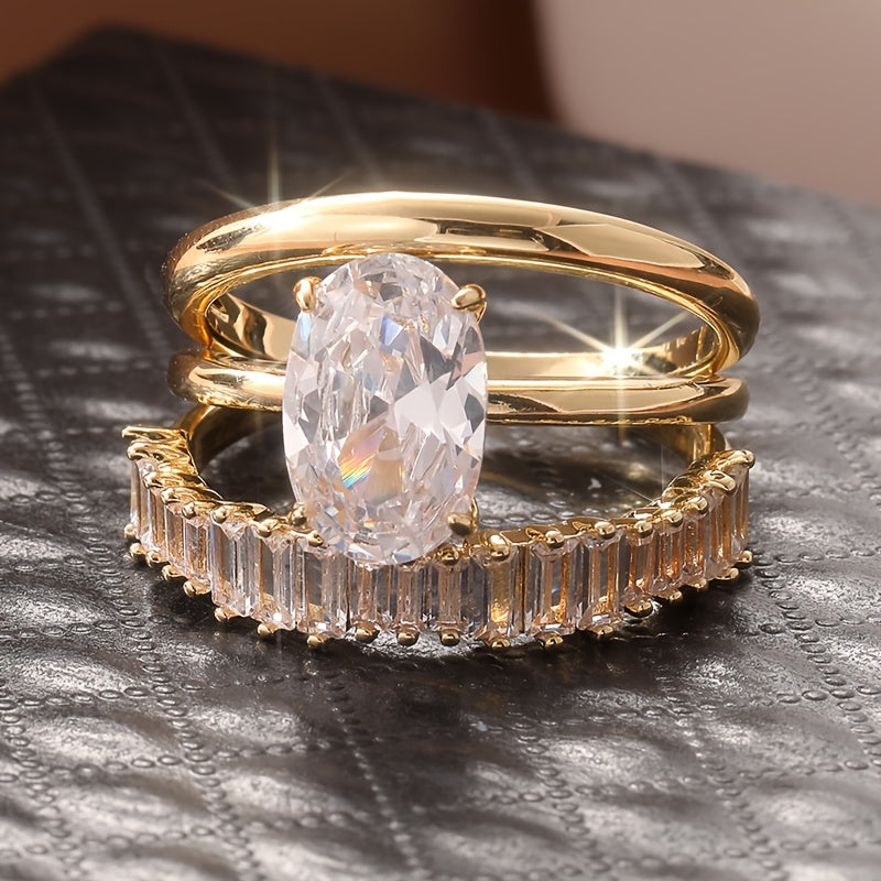Oval-Cut Zirconia Engagement-Style Stacked Ring Set