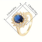 Sapphire-Look Gold-Tone Ring with Crystal Halo