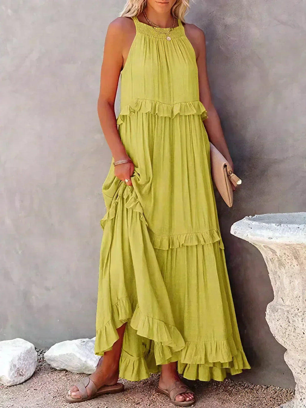 Sleeveless Halter Tiered Ruffle Maxi Dress