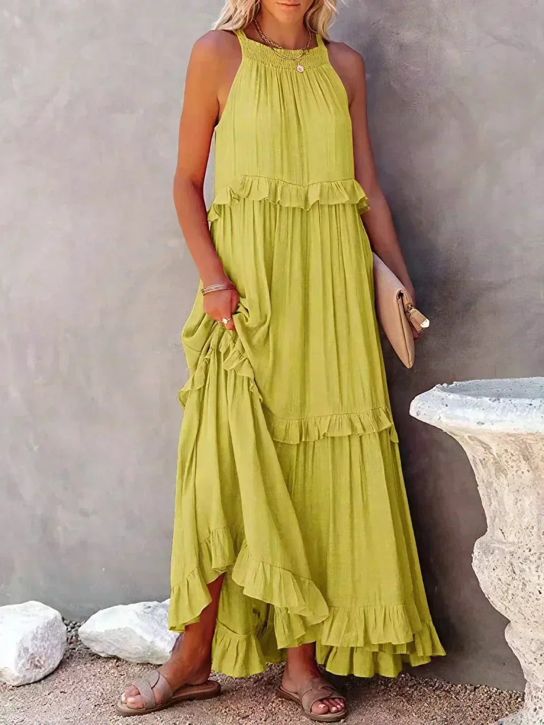 Sleeveless Halter Tiered Ruffle Maxi Dress