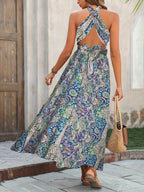 Printed Halter Neck Tie-Waist Open Back Maxi Dress