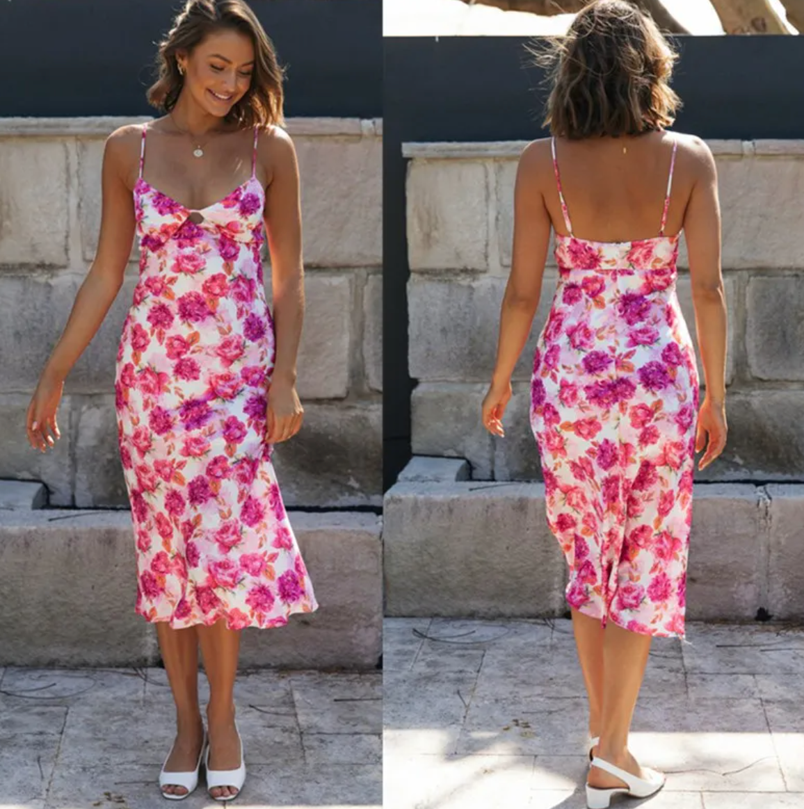 Red Floral V-Neck Slip Dress