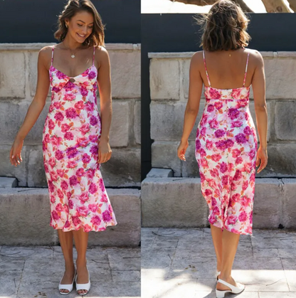 Red Floral V-Neck Slip Dress