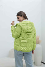 Quilted Hooded Jacket with High Collar and Drawstring Hem